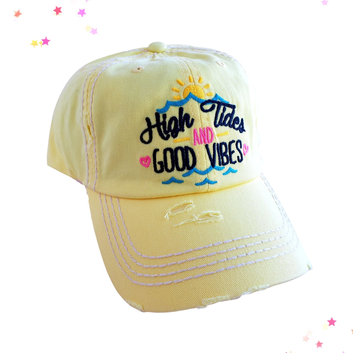 High Tides and Good Vibes Yellow Baseball Cap from Confetti Kitty, Only 19.99