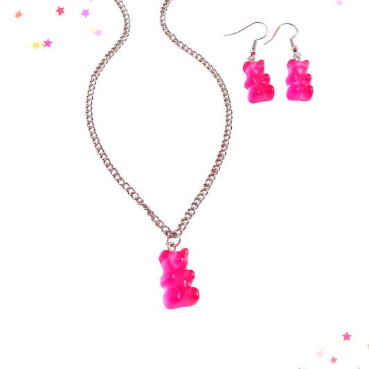 Neon Pink Gummy Bear Charm Necklace & Earring Set from Confetti Kitty, Only 7.99