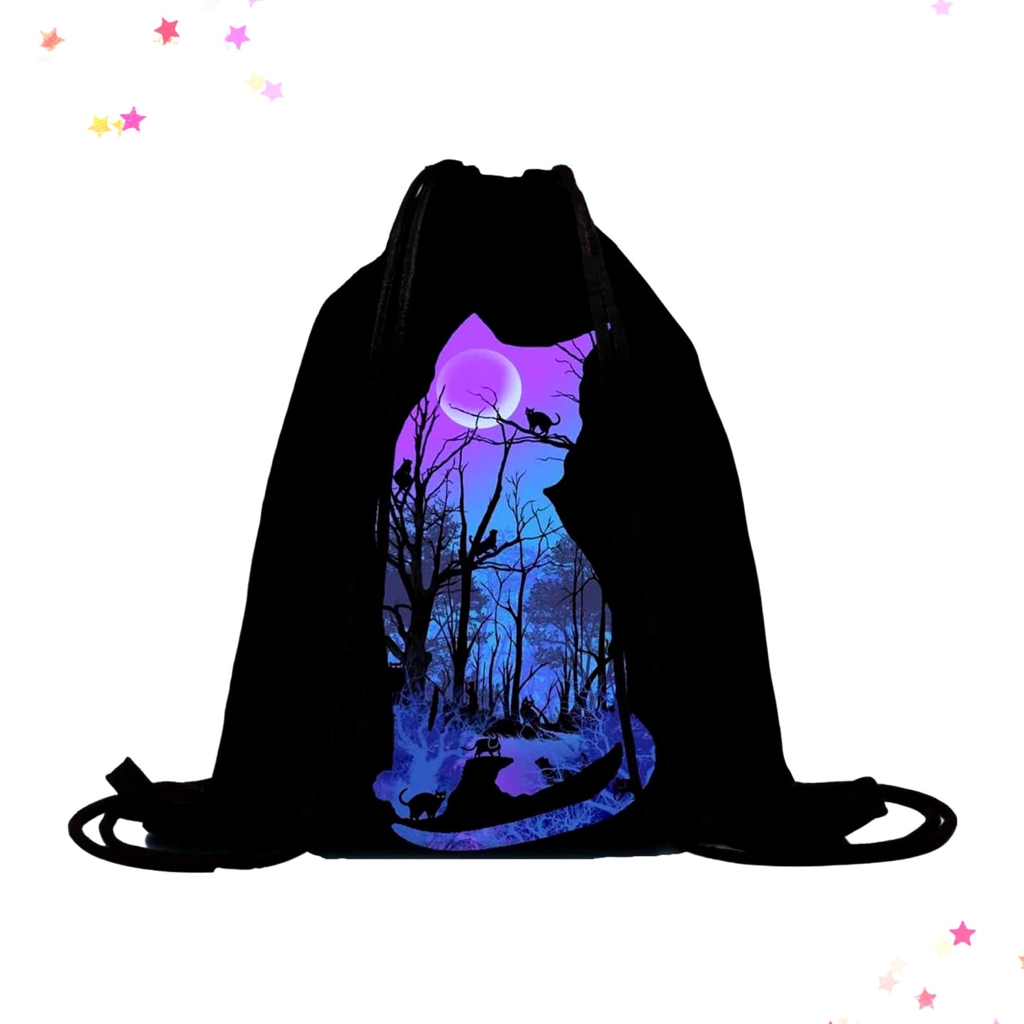 Midnight Cats in the Woods Drawstring Backpack Bag from Confetti Kitty, Only 12.99