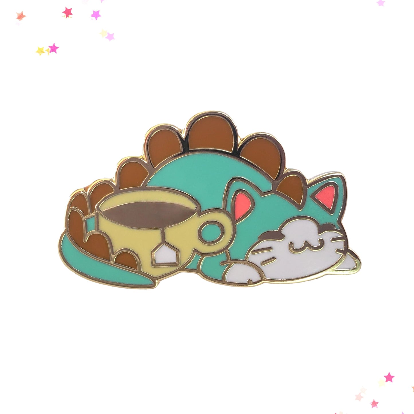 Mint Dinosaur Cat Curling with a Cup of Tea Hard Enamel Pin from Confetti Kitty, Only 7.99