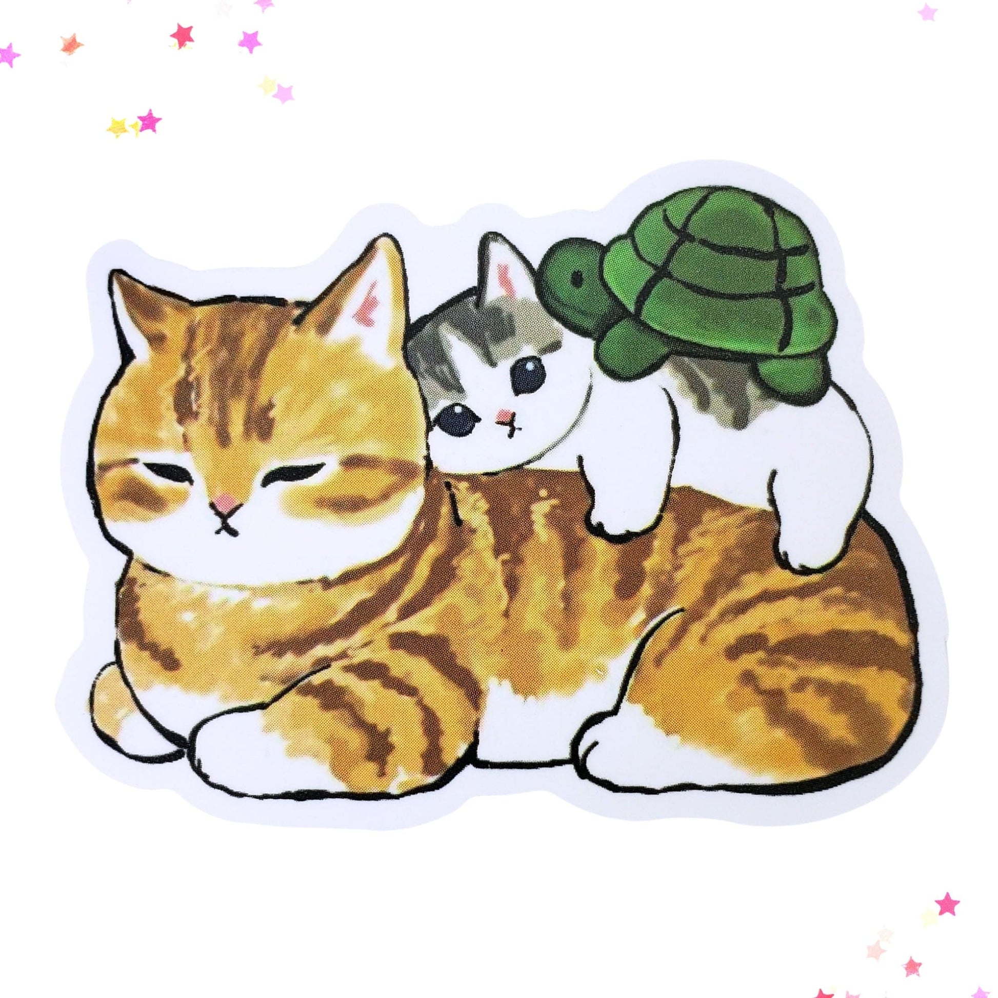 Orange Tabby, Gray Tabby Kitten, and Turtle Waterproof Sticker | Cat Stack from Confetti Kitty, Only 1.00