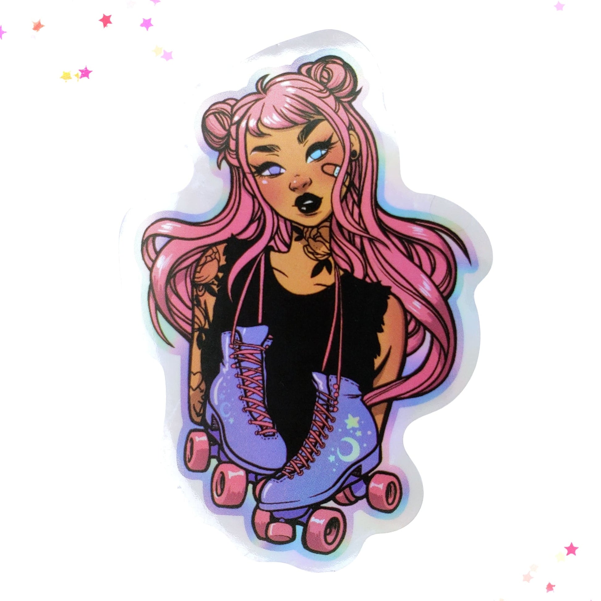 Pink Hair Skater Girl with Purple Skates Waterproof Holographic Sticker from Confetti Kitty, Only 1.0