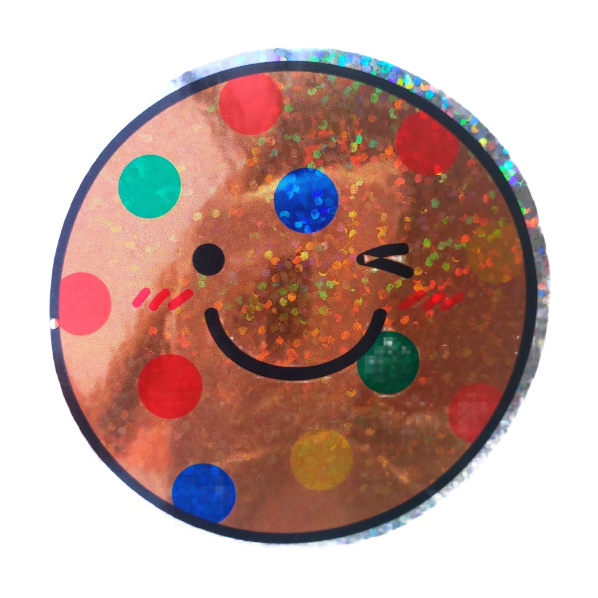 Glittery smiley face sticker with colorful polka dots, perfect for Confetti Kitty fans