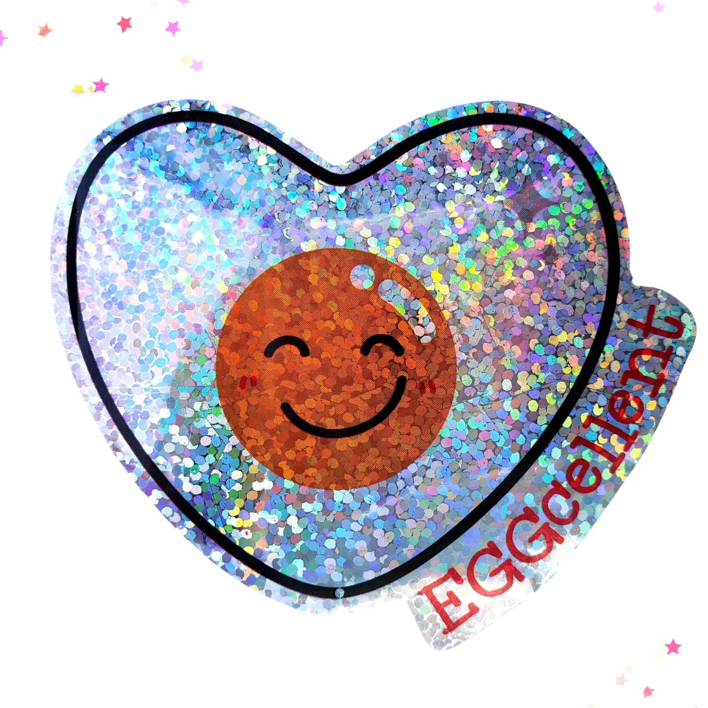 Premium Sticker - Sparkly Holographic Glitter Eggcellent Heart-Shaped Egg from Confetti Kitty, Only 2.00