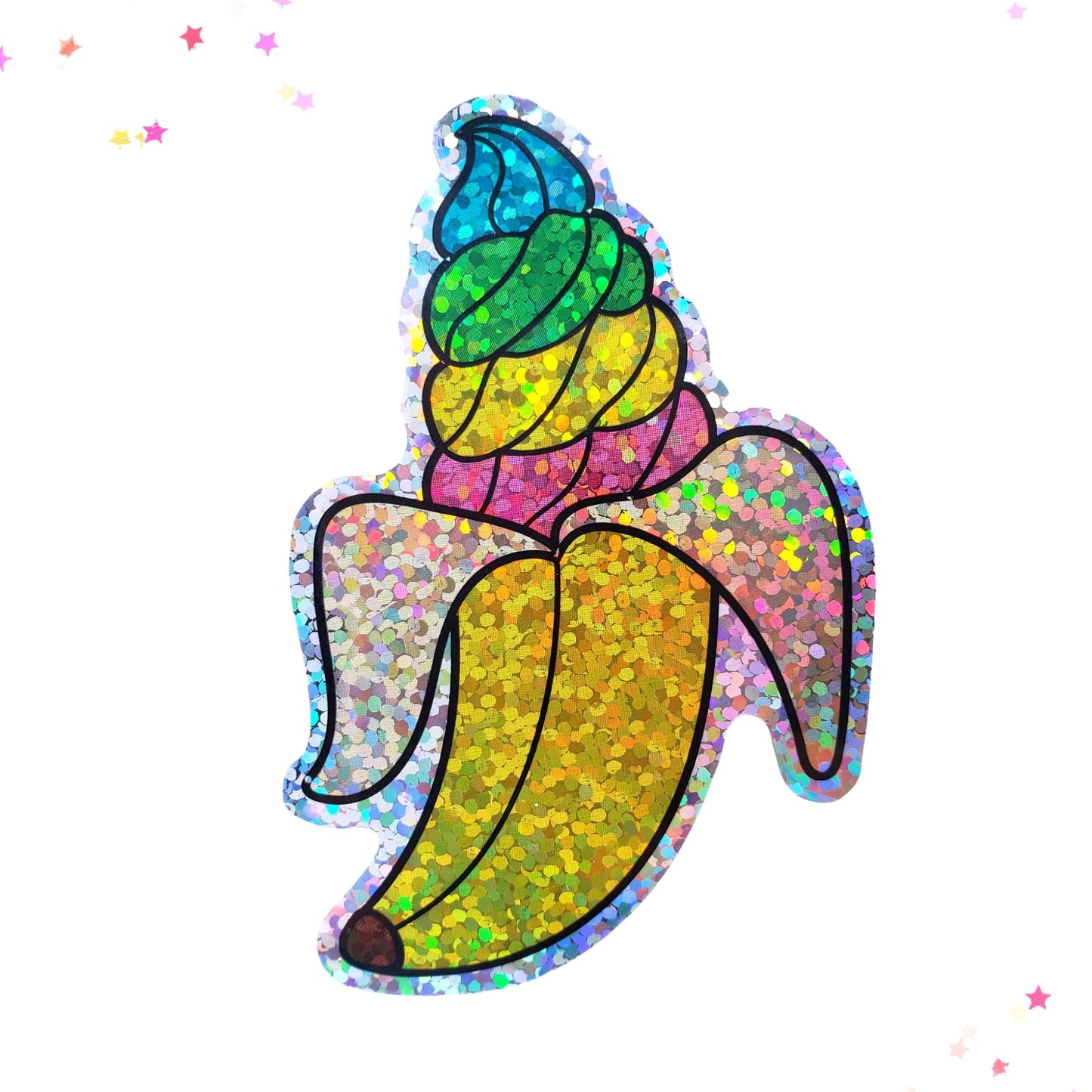 Premium Sticker - Sparkly Holographic Glitter Fro-Yo Banana Split from Confetti Kitty, Only 2.00