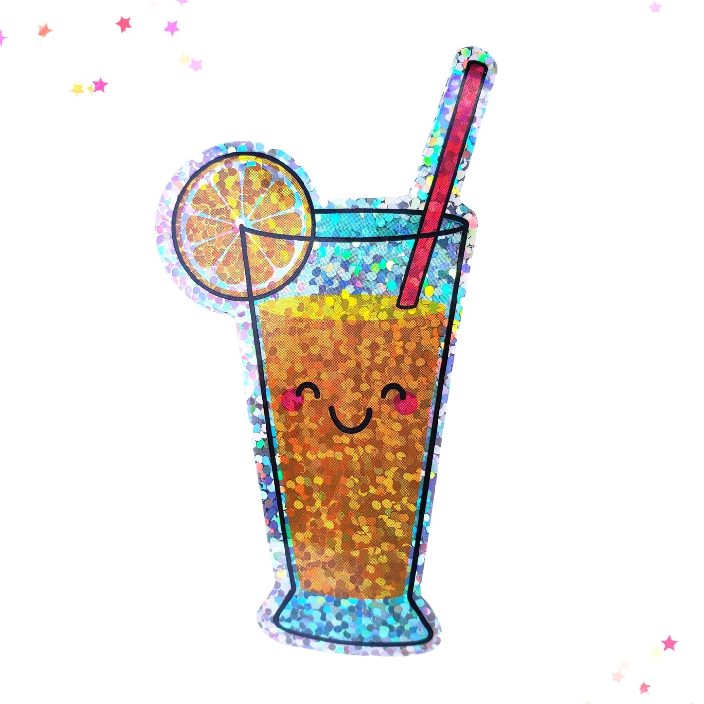 Cartoon glass of iced tea with lemon, straw, and a smile for Happy Orange Drink