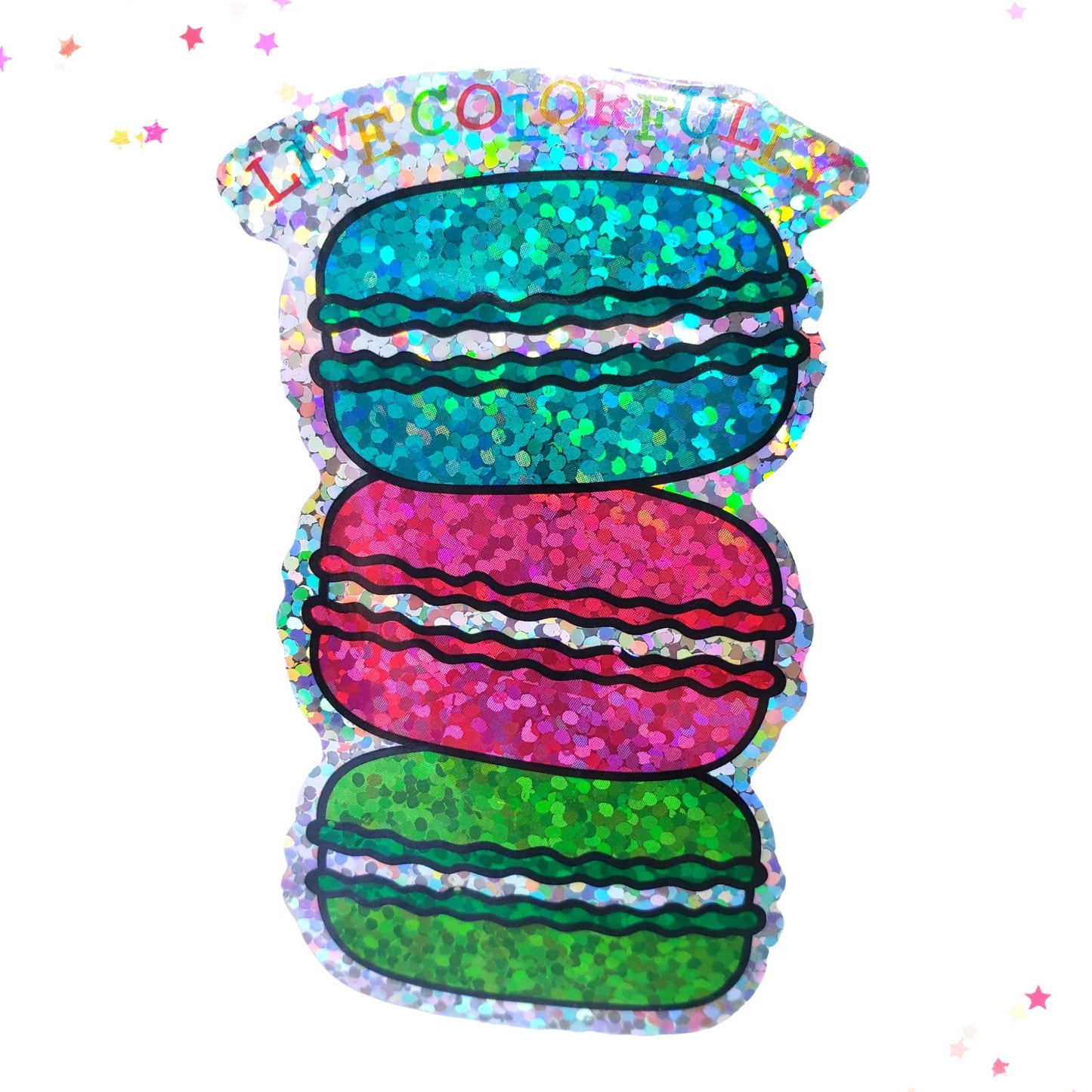 Premium Sticker - Sparkly Holographic Glitter Live Colorfully Macarons from Confetti Kitty, Only 2.00