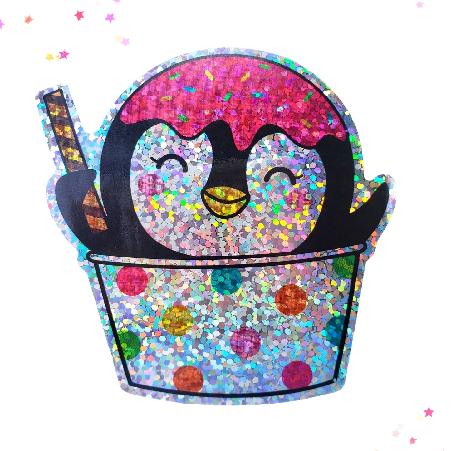 Premium Sticker - Sparkly Holographic Glitter Penguin in a Sundae Cup from Confetti Kitty, Only 2.00