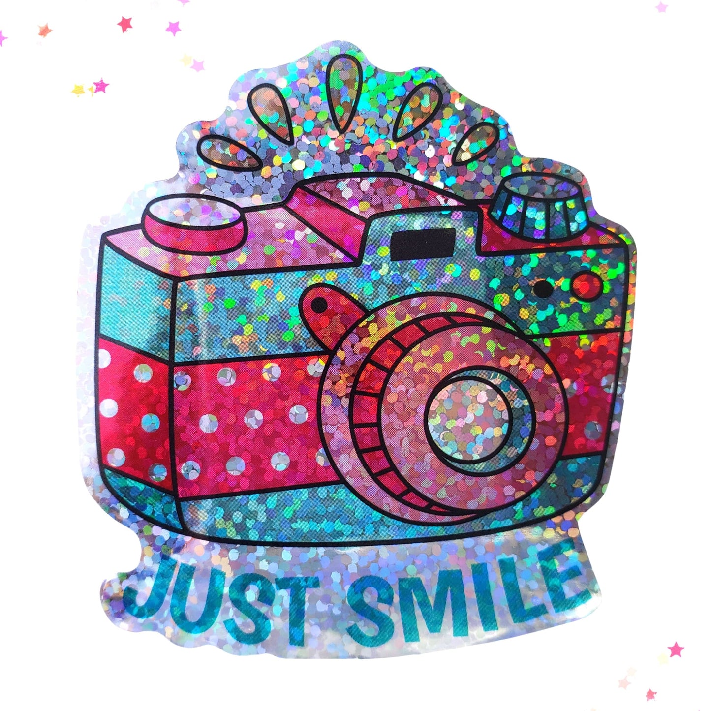 Premium Sticker - Sparkly Holographic Glitter Just Smile Camera from Confetti Kitty, Only 2.0