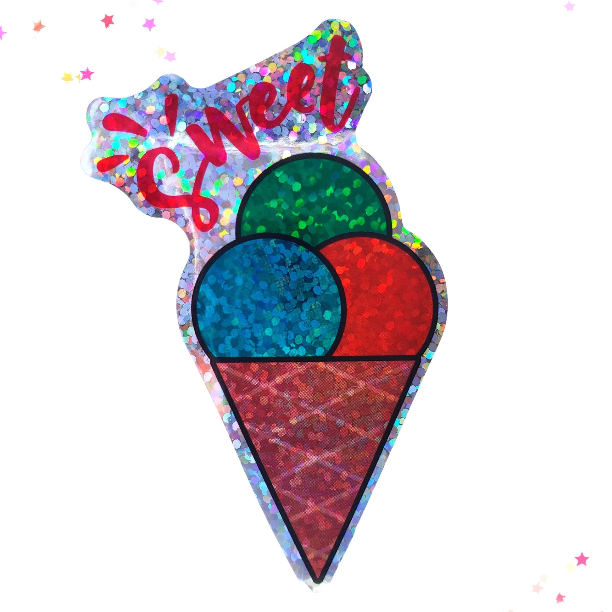 Premium Sticker - Sparkly Holographic Glitter Sweet Triple Scoop Ice Cream Cone from Confetti Kitty, Only 2.00