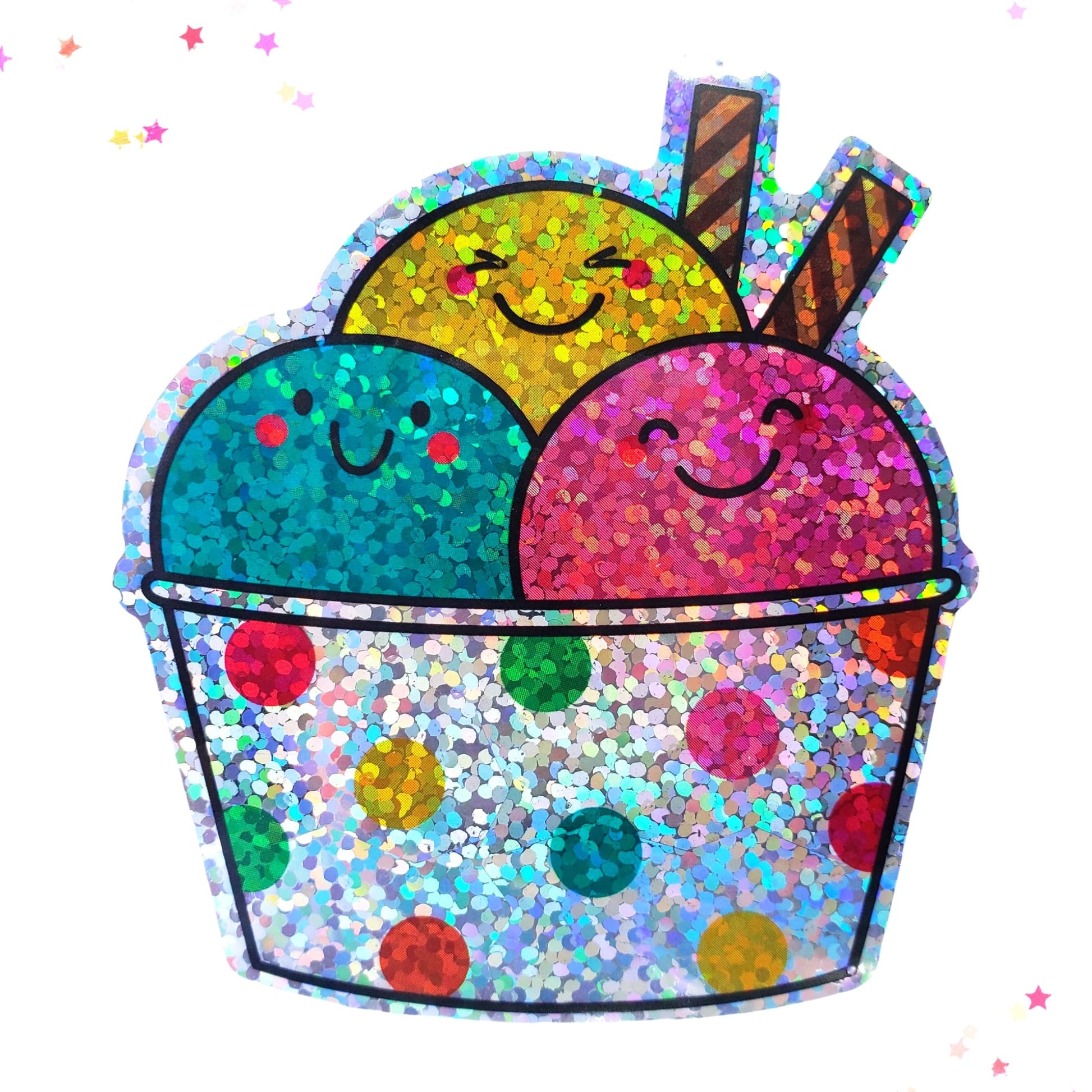 Premium Sticker - Sparkly Holographic Glitter Three Scoop Ice Cream Sundae from Confetti Kitty, Only 2.00