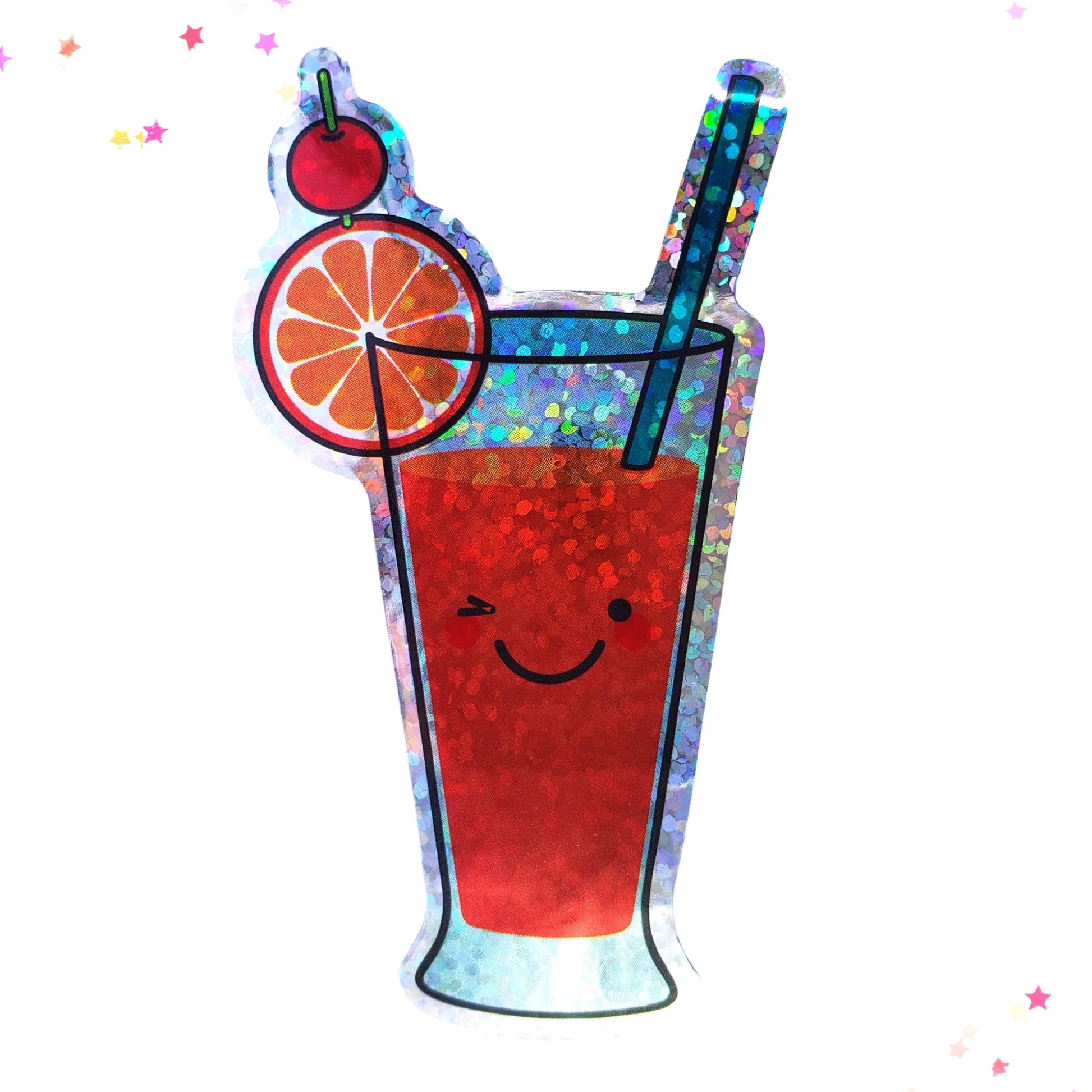 Premium Sticker - Sparkly Holographic Glitter Winking Orange Drink from Confetti Kitty, Only 2.00