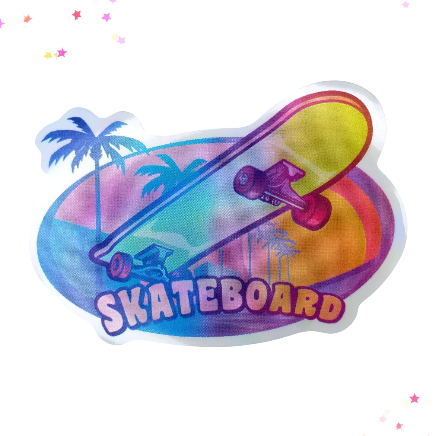Skateboard Against Palm Tree Sunset Waterproof Holographic Sticker from Confetti Kitty, Only 1.00