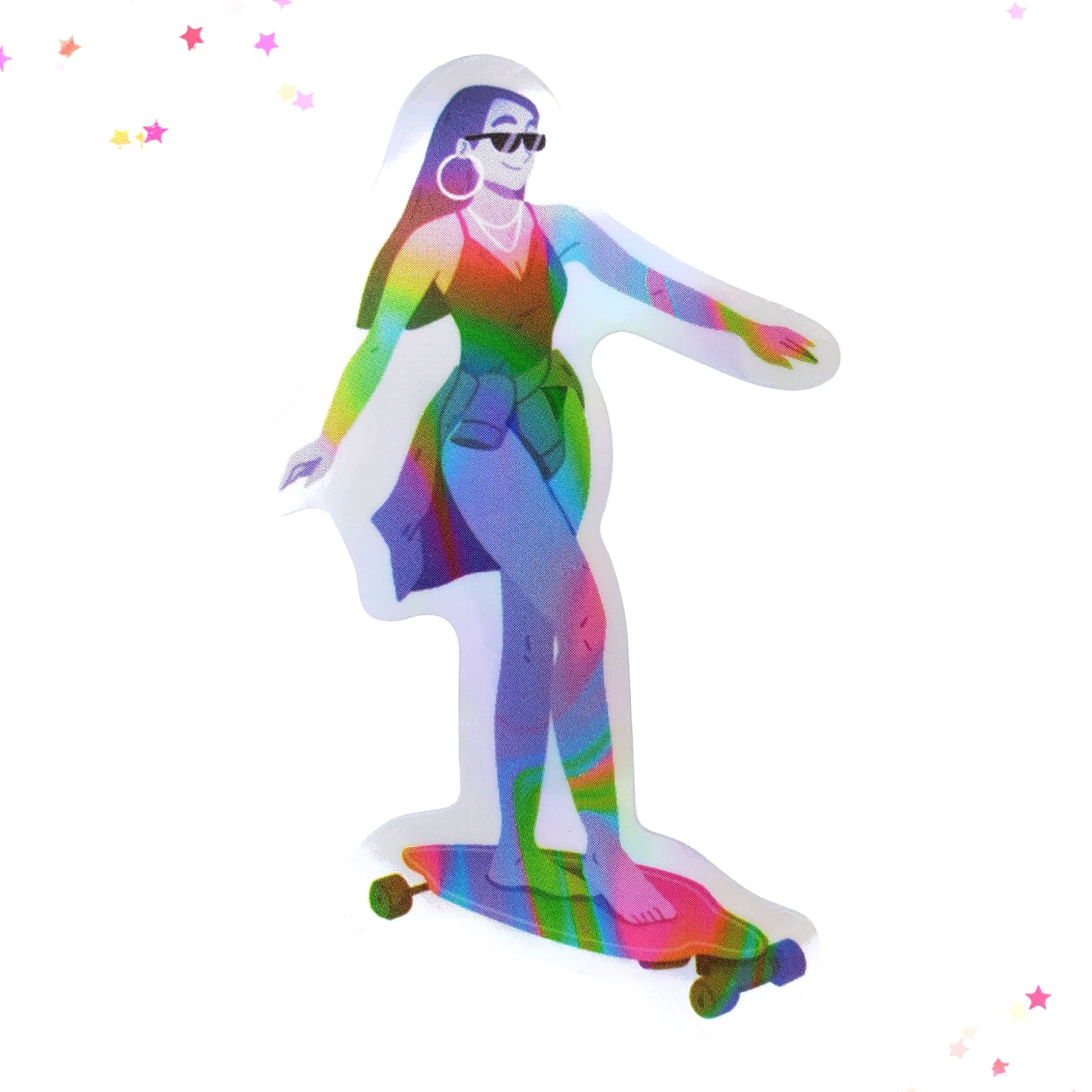 Skateboarding in Style Waterproof Holographic Sticker from Confetti Kitty, Only 1.0