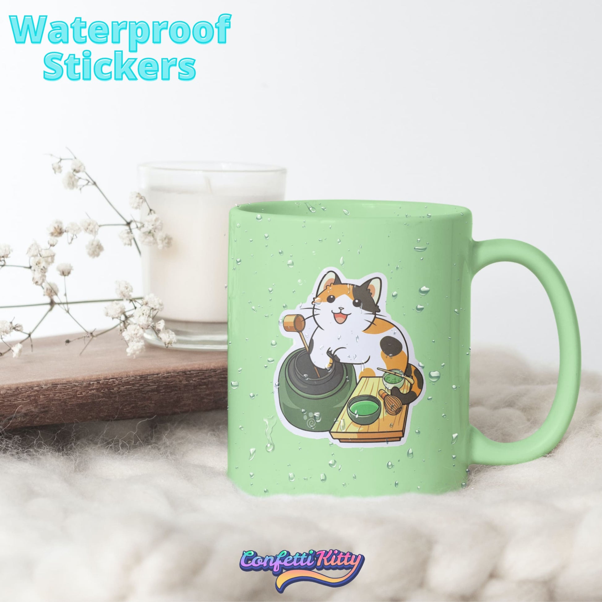Tea Time Calico Waterproof Sticker from Confetti Kitty, Only 1.00