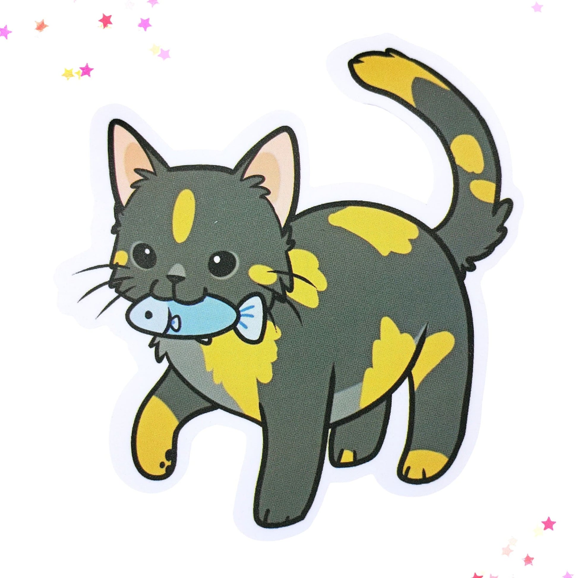 Tortie Cat with Fish Waterproof Sticker | Camo Cat from Confetti Kitty, Only 1.00
