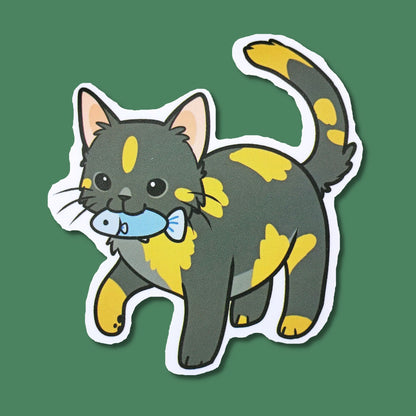 Tortie Cat with Fish Waterproof Sticker | Camo Cat from Confetti Kitty, Only 1.00
