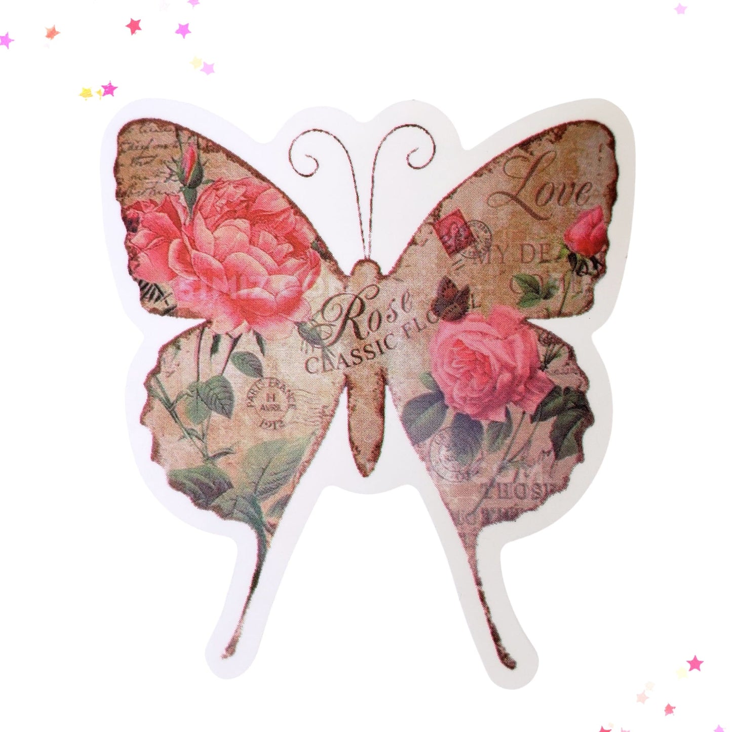 Vintage Romance Floral Butterfly Waterproof Sticker from Confetti Kitty, Only 1.00