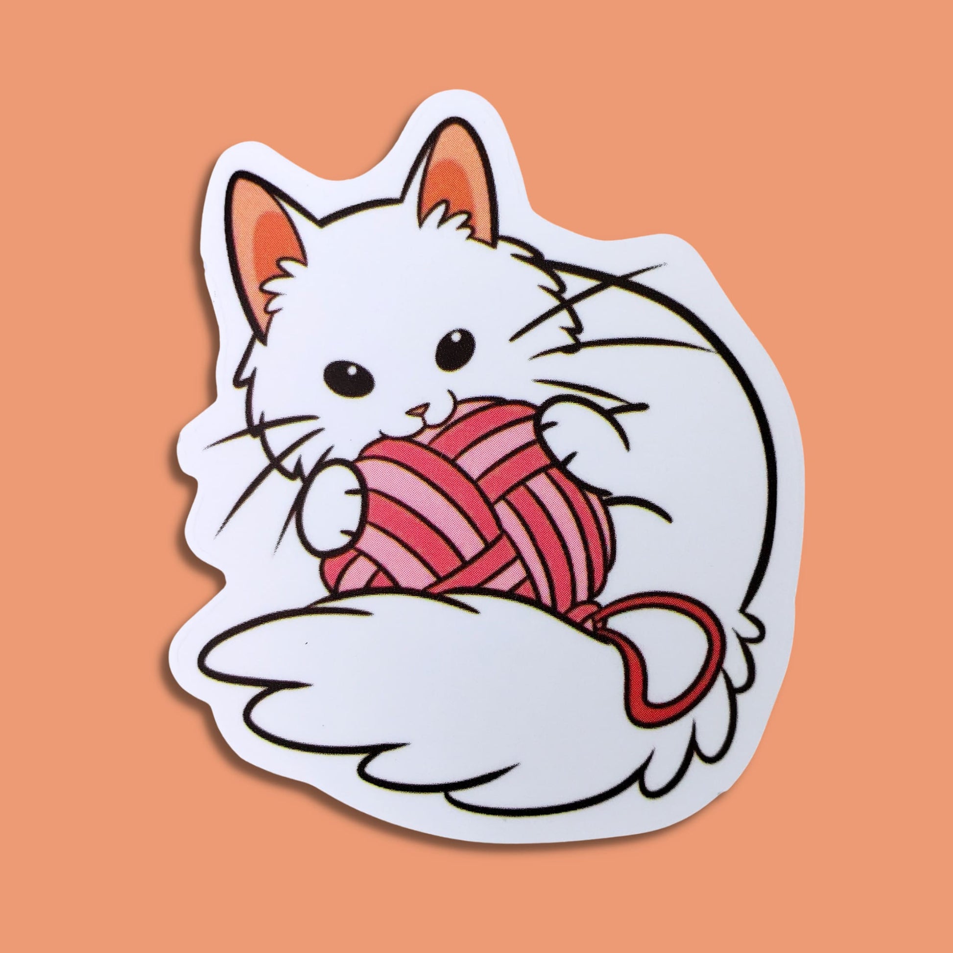 White Cat with Yarn Waterproof Sticker from Confetti Kitty, Only 1.00