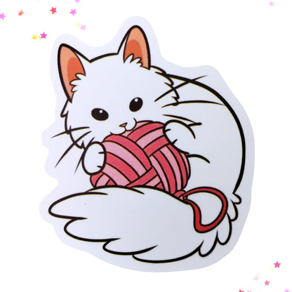 White Cat with Yarn Waterproof Sticker from Confetti Kitty, Only 1.00