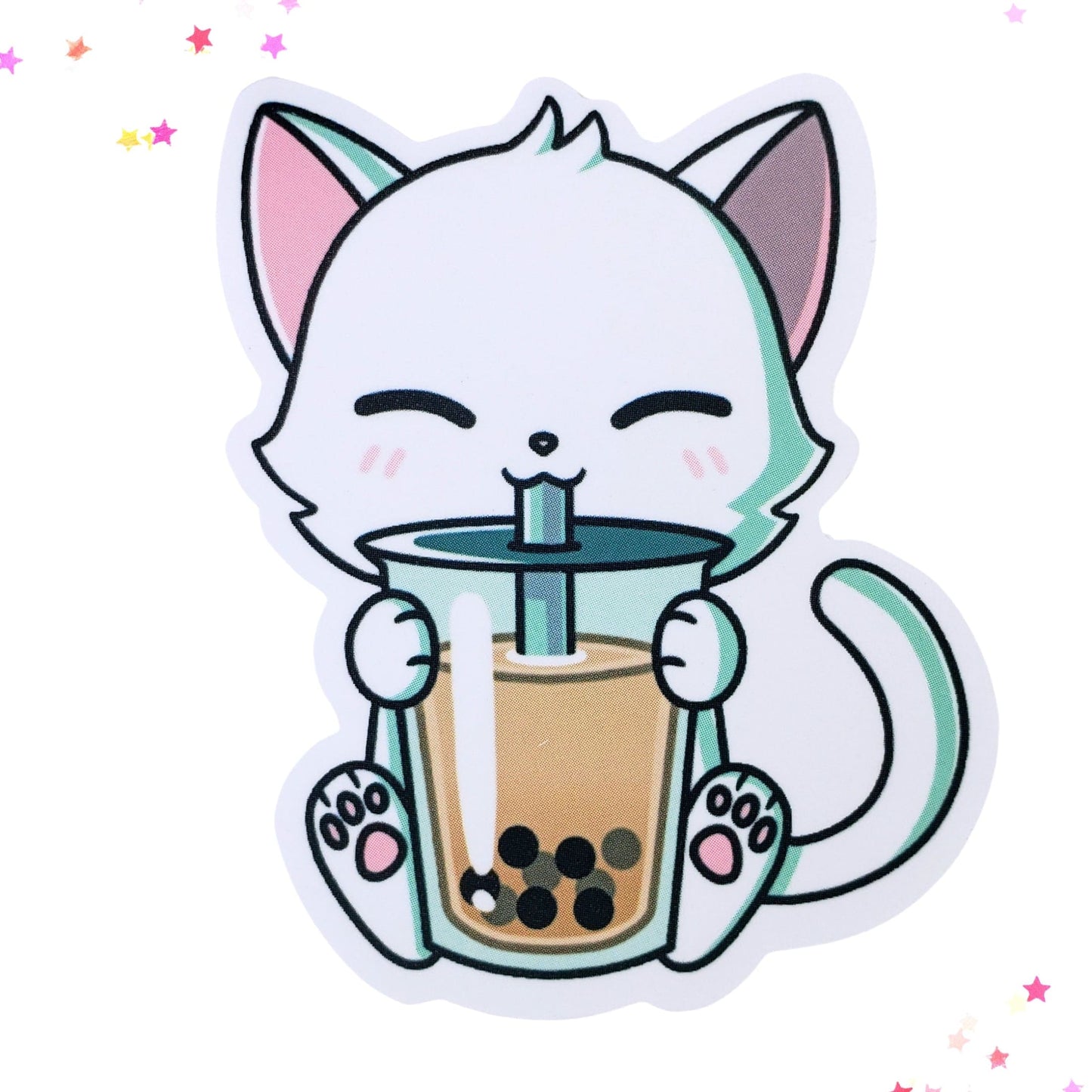 White Kawaii Kitty Drinking Boba Tea Waterproof Sticker | Boba Cat from Confetti Kitty, Only 1.00