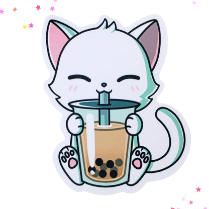 White Kawaii Kitty Drinking Boba Tea Waterproof Sticker | Boba Cat from Confetti Kitty, Only 1.00