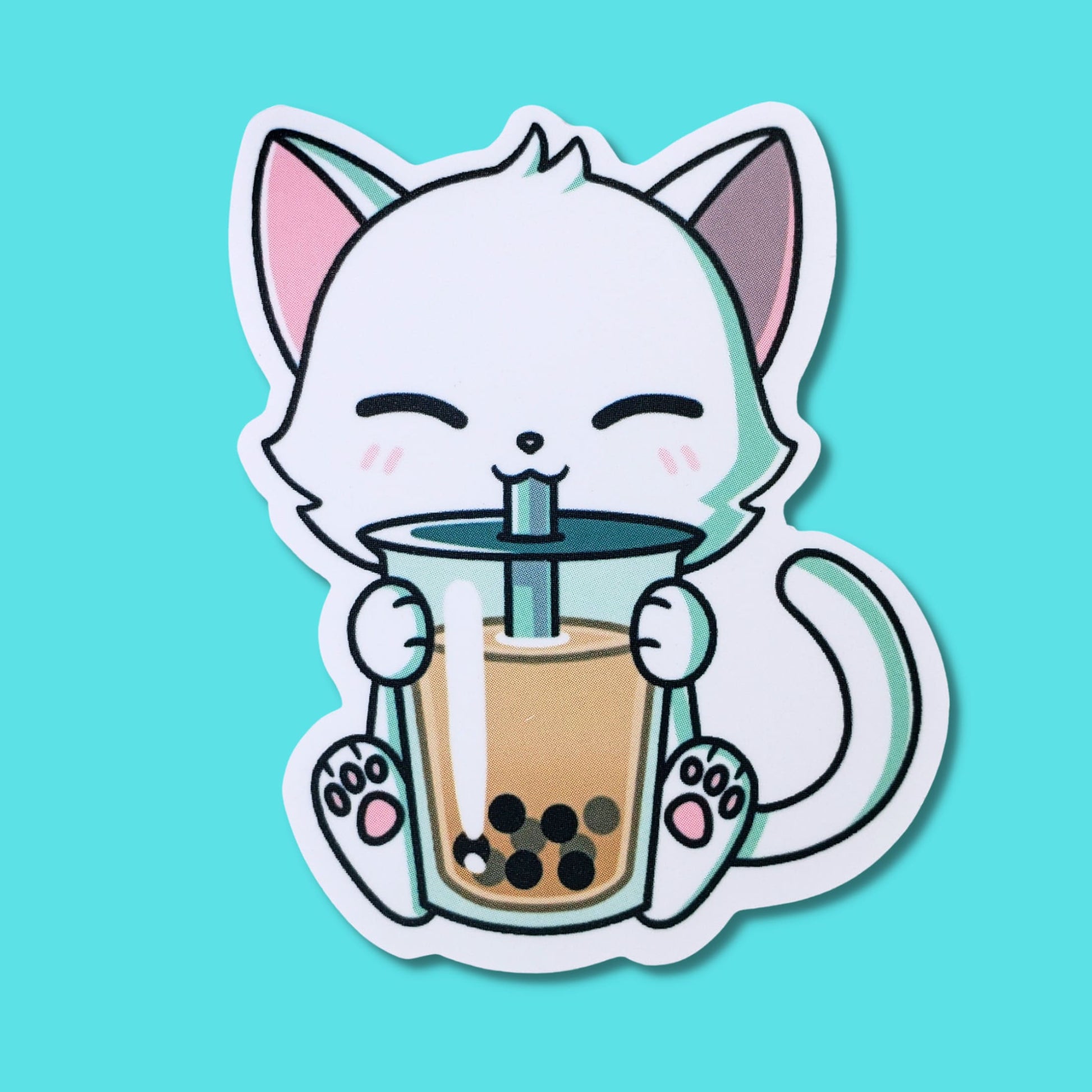 White Kawaii Kitty Drinking Boba Tea Waterproof Sticker, Boba Cat